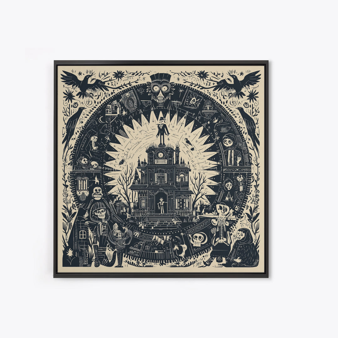 The Clockwork Haunted House, Macabre Folk Print Art, Square Wall Art, Macabre Wall Art, Framed Canvas Print, Halloween Wall Art