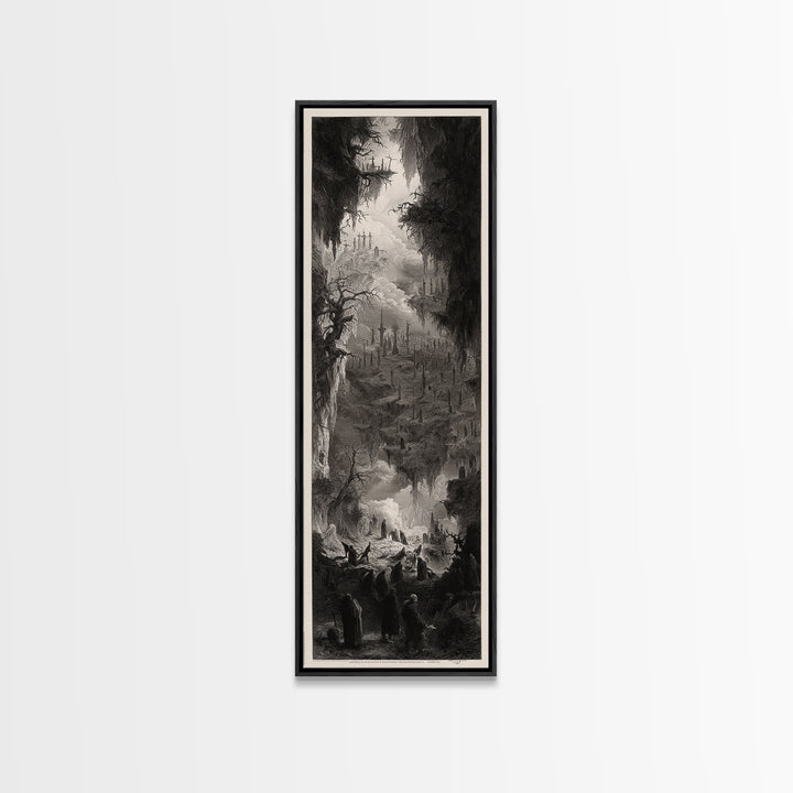 The Upside-Down Cemetery, Gothic Engraving Art, Tall Narrow Wall Art, Gothic Horror Wall Art, Framed Canvas Print, Halloween Wall Art