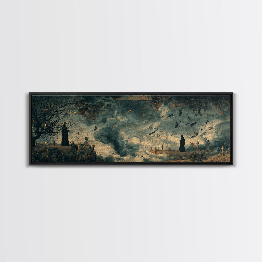 The Upside-Down Cemetery, Medieval Grotesque Art, Extra Wide Wall Art, Macabre Wall Art, Canvas Print, Halloween Wall Art