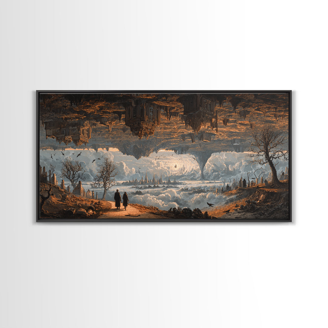 The Upside-Down Cemetery, Apocalyptic Romantic Art, Wide Panoramic Art, Macabre Wall Art, Framed Canvas Print, Halloween Wall Art