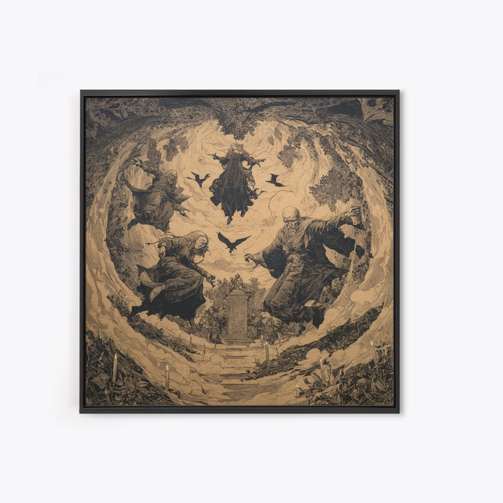 The Upside-Down Cemetery, Symbolist Etching Art, Square Wall Art, Gothic Horror Wall Art, Canvas Print, Halloween Wall Art