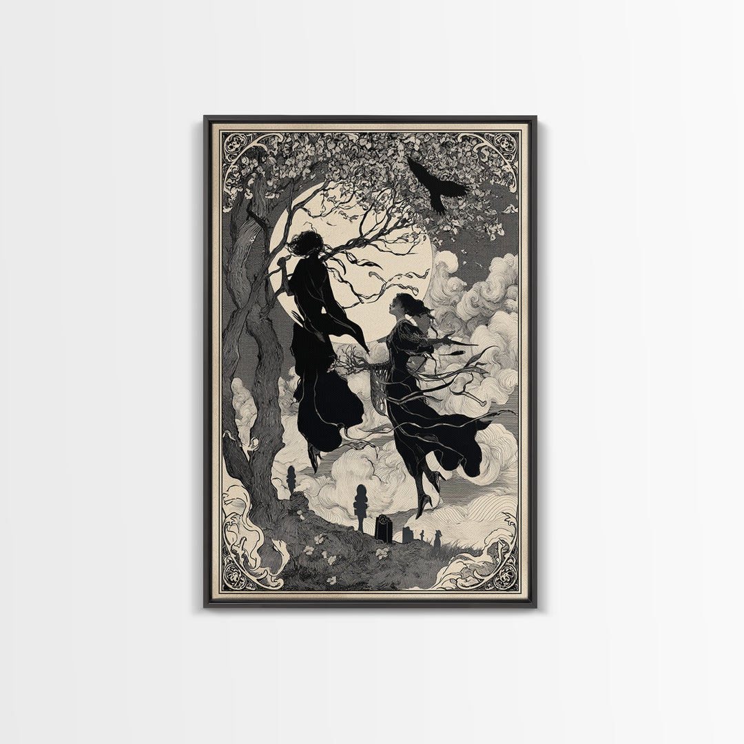 The Upside-Down Cemetery, Decadent Line Art, Vertical Wall Art, Dark Halloween Decor, Canvas Print, Halloween Wall Art