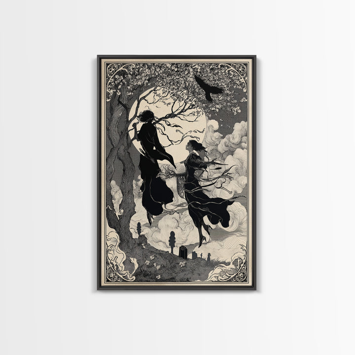The Upside-Down Cemetery, Decadent Line Art, Vertical Wall Art, Dark Halloween Decor, Canvas Print, Halloween Wall Art