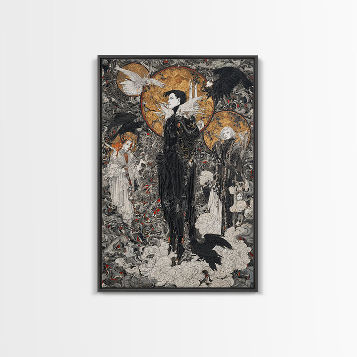 The Upside-Down Cemetery, Stained Glass Gothic Art, Vertical Wall Art, Dark Halloween Decor, Framed Canvas Print, Halloween Wall Art
