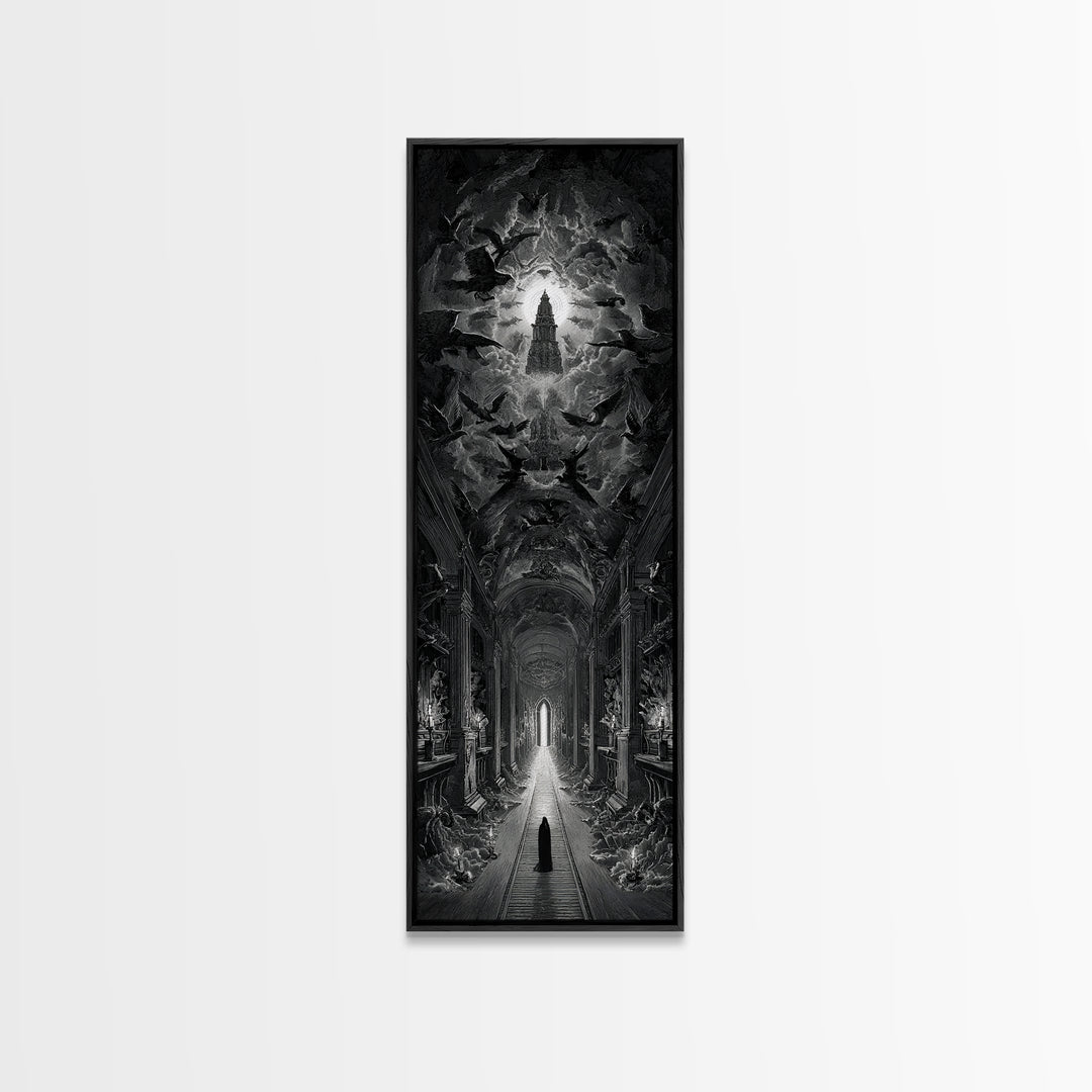 The Infinite Hallway, Gothic Engraving Art, Tall Narrow Wall Art, Macabre Wall Art, Framed Canvas Print, Halloween Wall Art