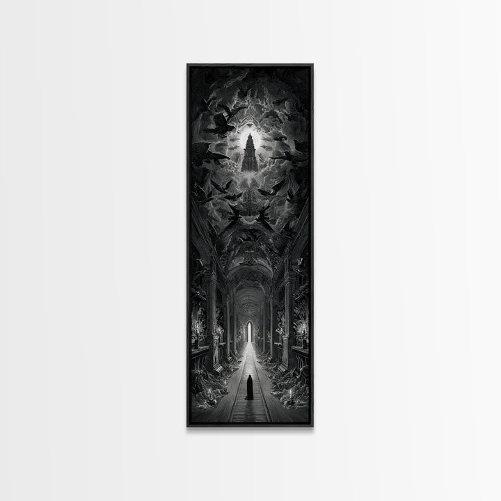 The Infinite Hallway, Gothic Engraving Art, Tall Narrow Wall Art, Macabre Wall Art, Framed Canvas Print, Halloween Wall Art