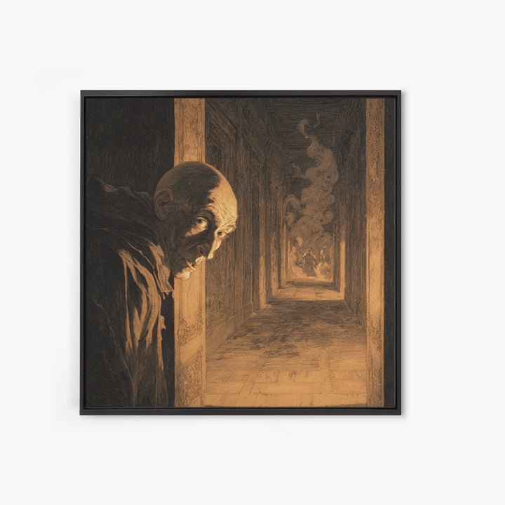 The Infinite Hallway, Symbolist Etching Art, Square Wall Art, Dark Fantasy Wall Art, Framed Canvas Print, Halloween Wall Art