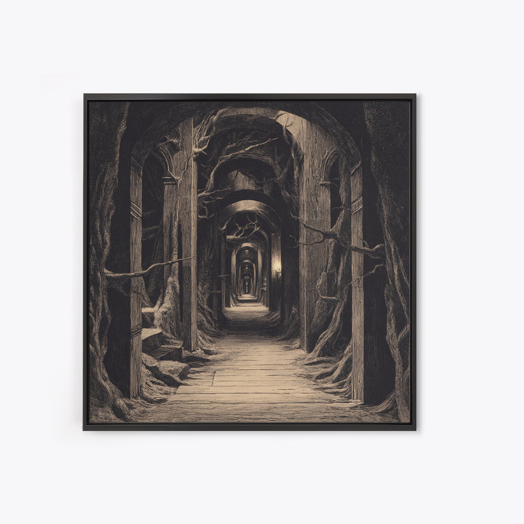 The Infinite Hallway, Expressionist Nightmare Art, Square Wall Art, Macabre Wall Art, Framed Canvas Print, Halloween Wall Art