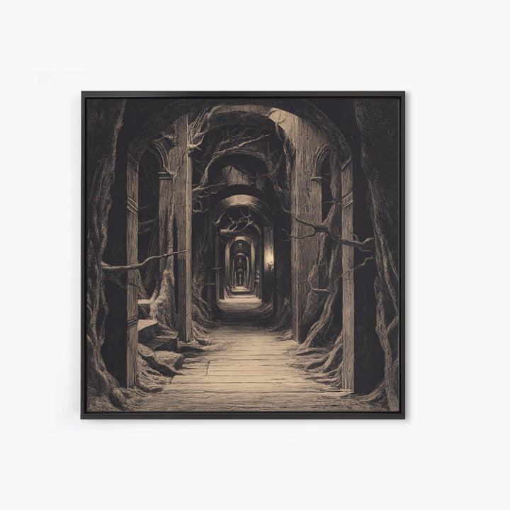 The Infinite Hallway, Expressionist Nightmare Art, Square Wall Art, Macabre Wall Art, Framed Canvas Print, Halloween Wall Art