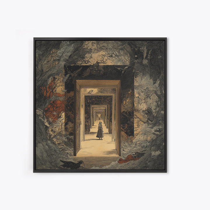 The Infinite Hallway, Gothic Storybook Art, Square Wall Art, Dark Fantasy Wall Art, Canvas Print, Halloween Wall Art