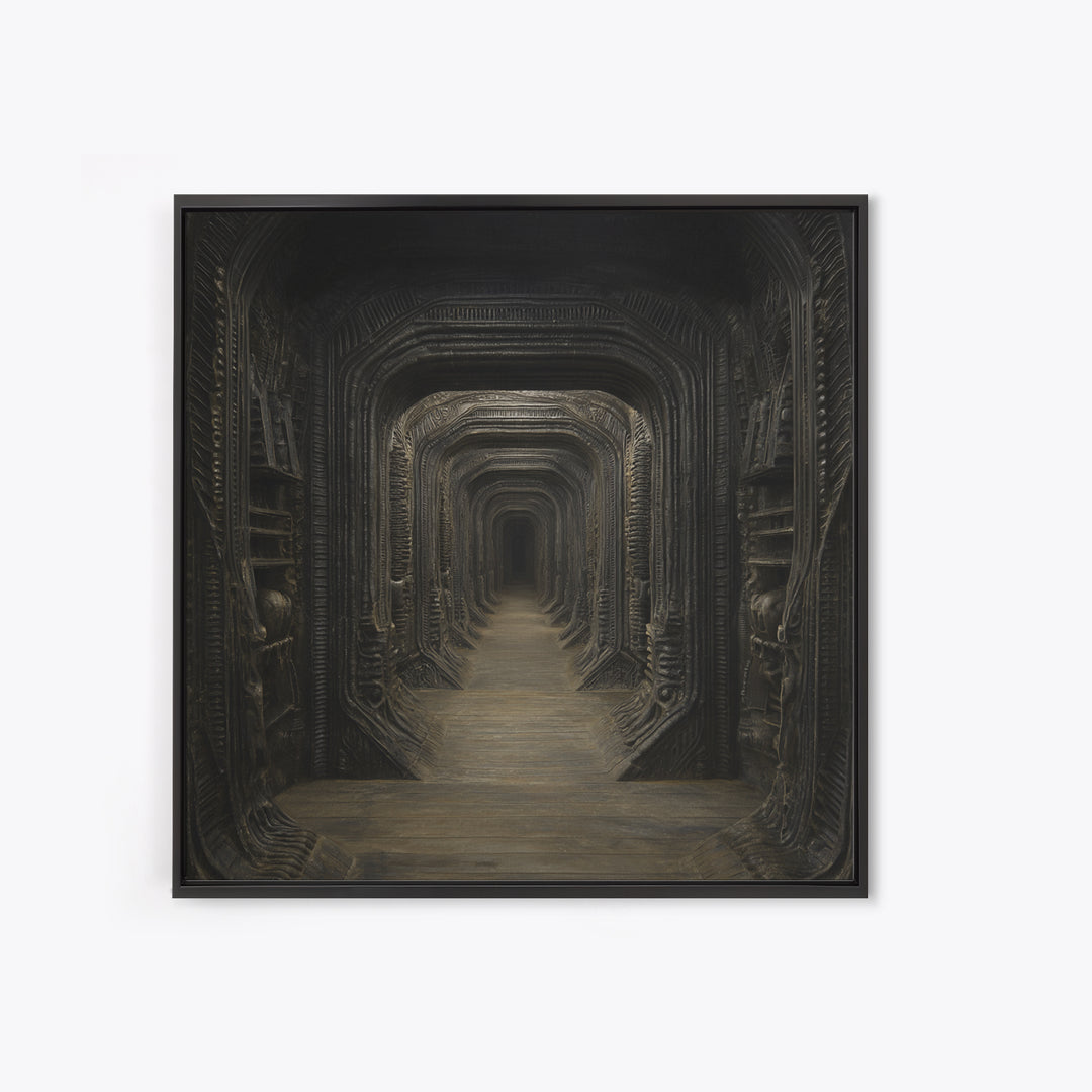 The Infinite Hallway, Biomechanical Horror Art, Square Wall Art, Dark Fantasy Wall Art, Framed Canvas Print, Halloween Wall Art