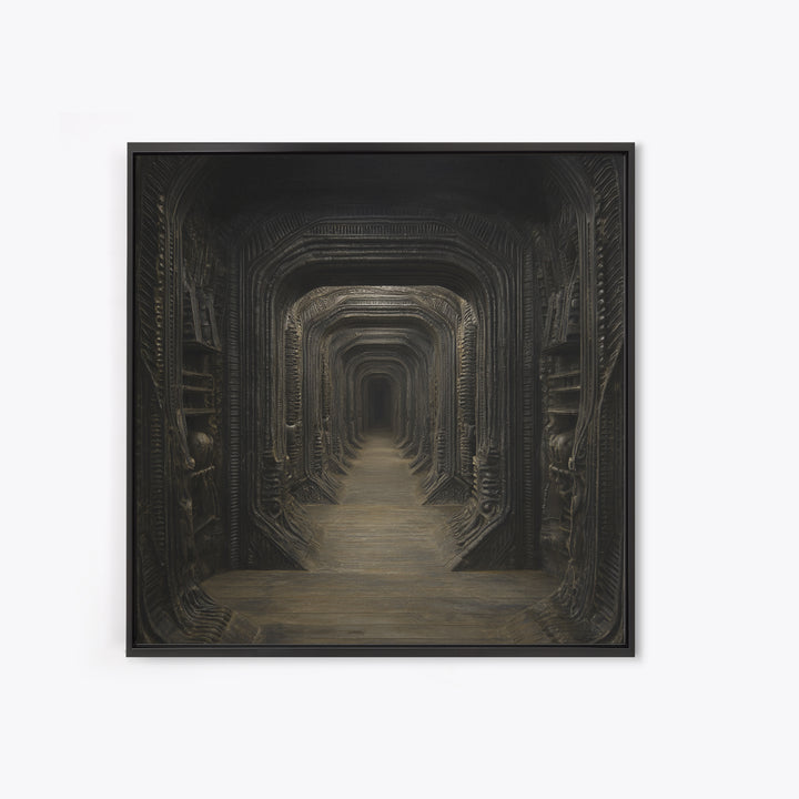 The Infinite Hallway, Biomechanical Horror Art, Square Wall Art, Dark Fantasy Wall Art, Framed Canvas Print, Halloween Wall Art