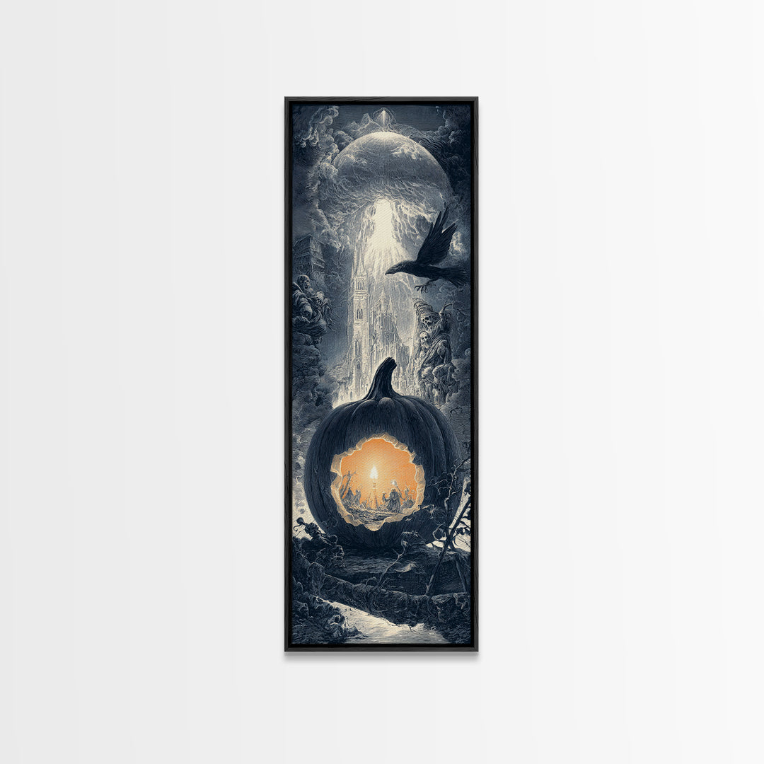 The Moon Inside A Pumpkin, Gothic Engraving Art, Tall Narrow Wall Art, Macabre Wall Art, Framed Canvas Print, Halloween Wall Art