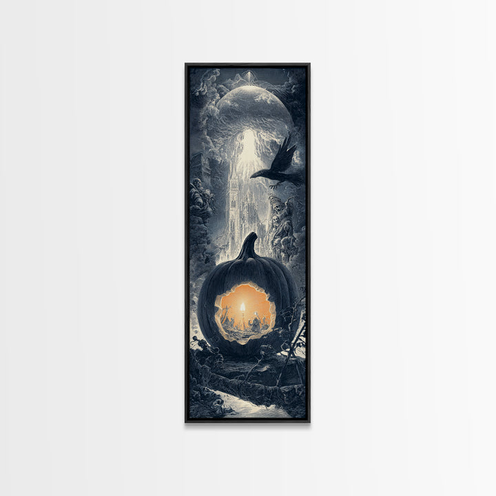 The Moon Inside A Pumpkin, Gothic Engraving Art, Tall Narrow Wall Art, Macabre Wall Art, Framed Canvas Print, Halloween Wall Art