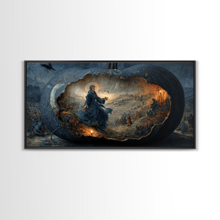 The Moon Inside A Pumpkin, Northern Renaissance Horror, Wide Panoramic Art, Dark Halloween Decor, Framed Canvas Print
