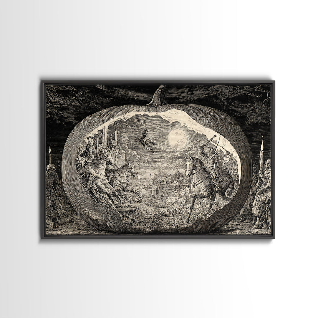 The Moon Inside A Pumpkin, Renaissance Engraving Art, Landscape Wall Art, Macabre Wall Art, Canvas Print, Halloween Wall Art