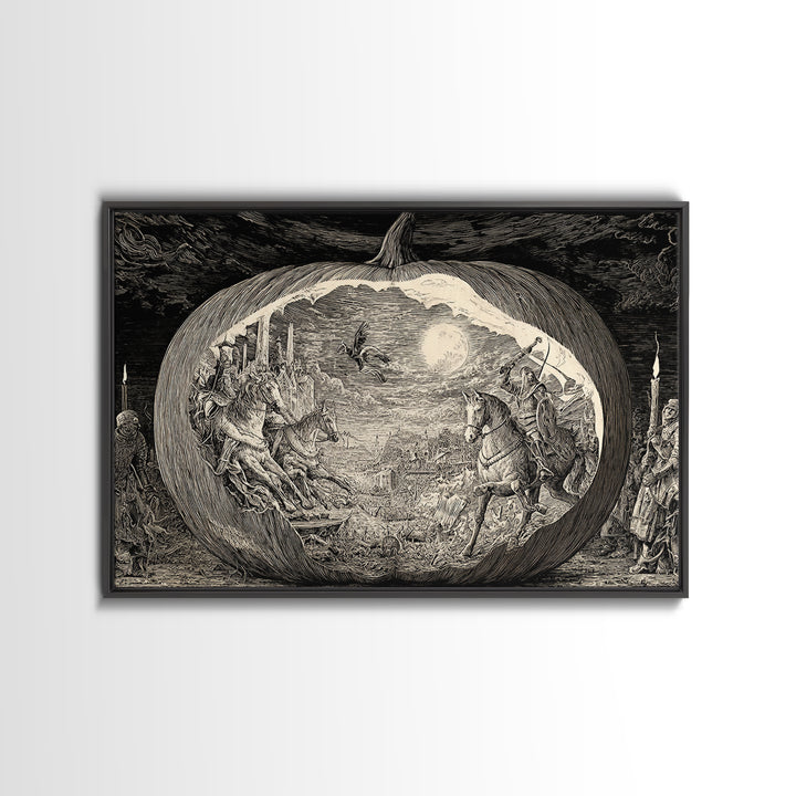 The Moon Inside A Pumpkin, Renaissance Engraving Art, Landscape Wall Art, Macabre Wall Art, Canvas Print, Halloween Wall Art