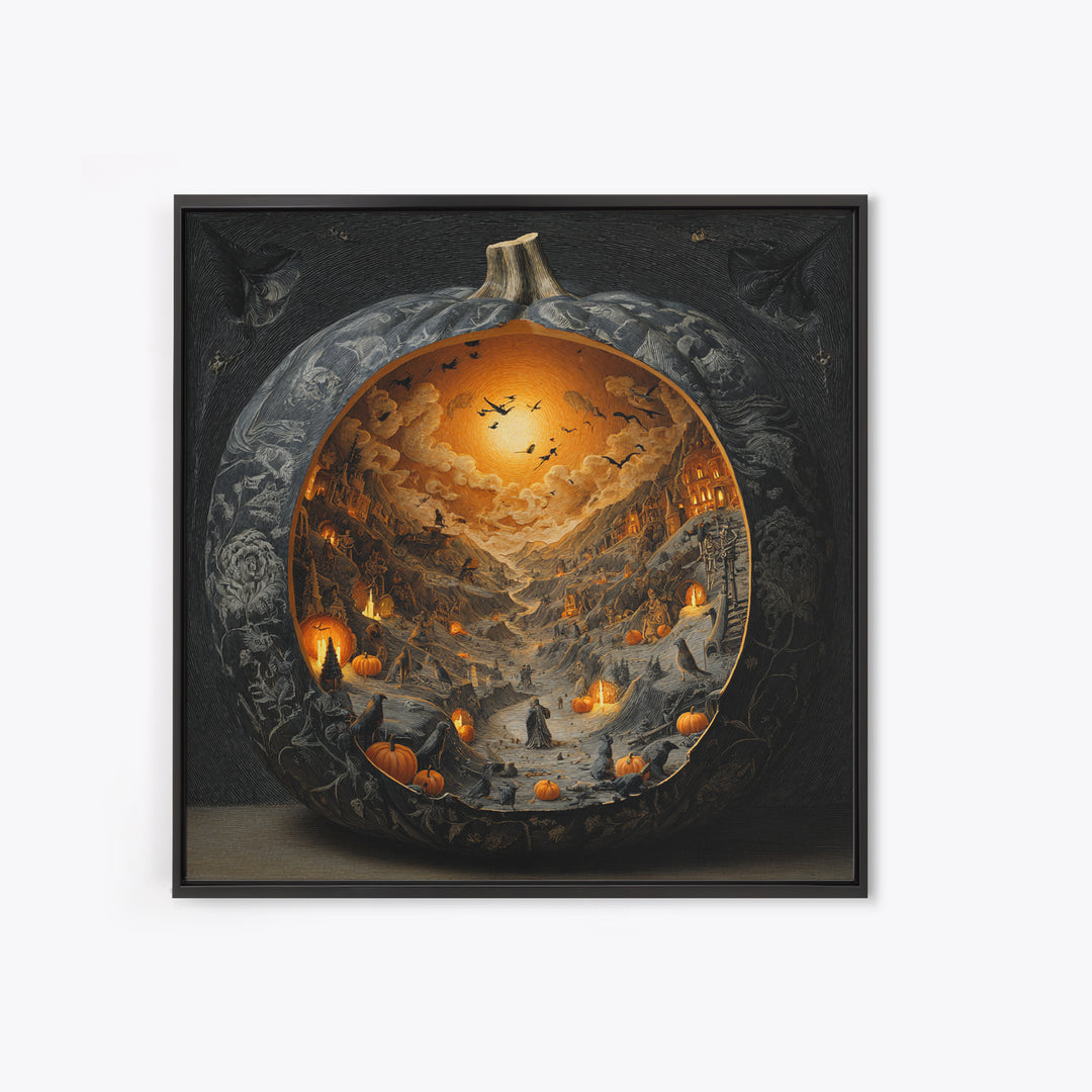 The Moon Inside A Pumpkin, Danse Macabre Art, Square Wall Art, Dark Halloween Decor, Framed Canvas Print
