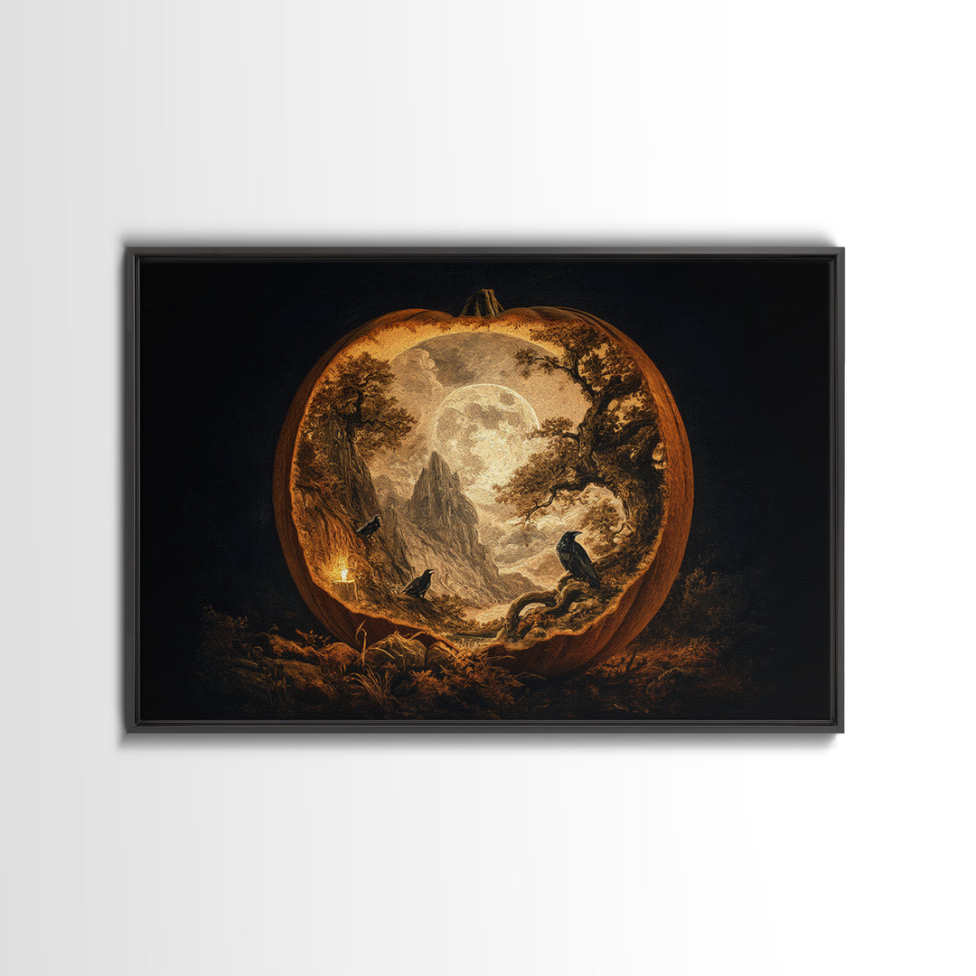 The Moon Inside A Pumpkin, Baroque Witchcraft Art, Landscape Wall Art, Dark Fantasy Wall Art, Framed Canvas Print, Halloween Wall Art
