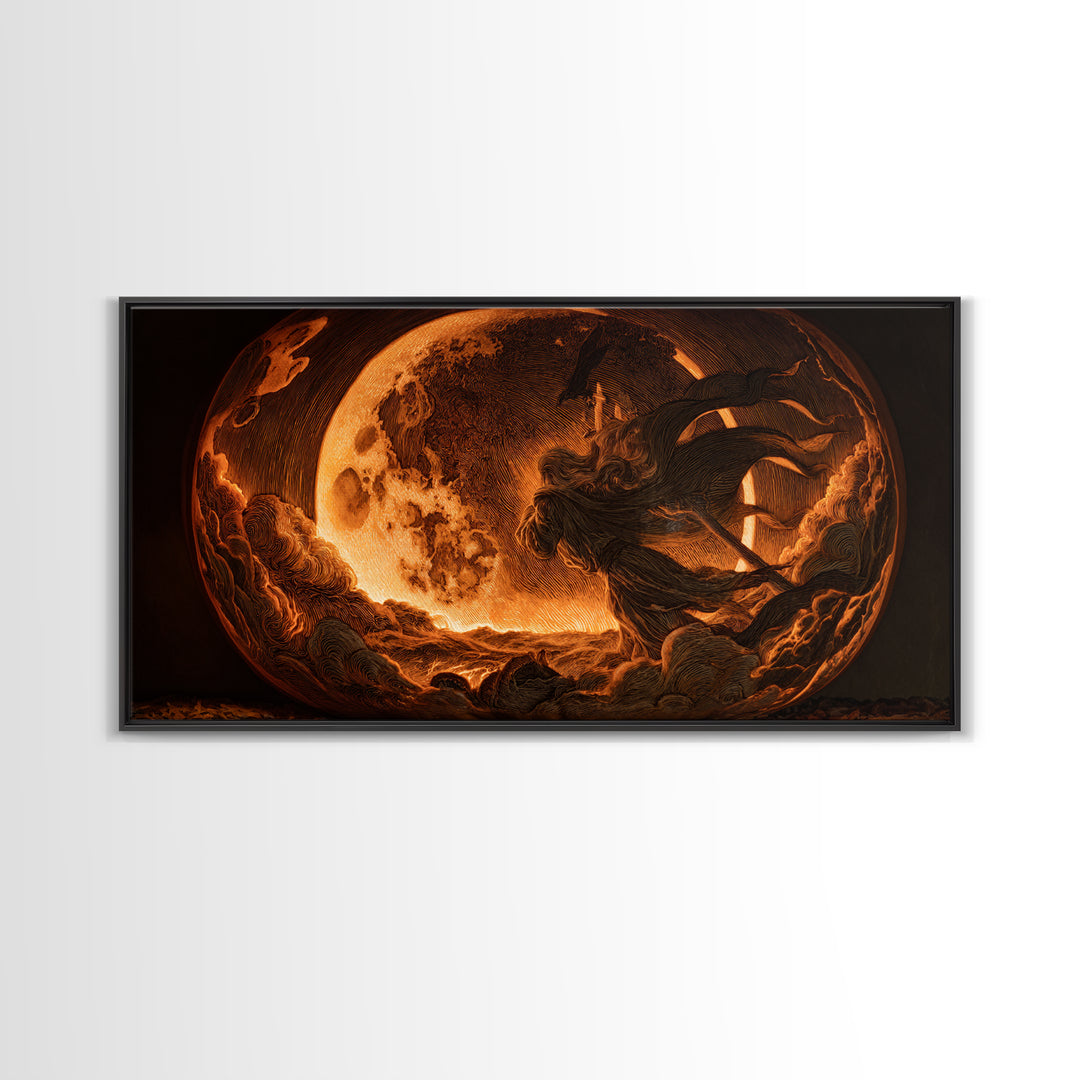 The Moon Inside A Pumpkin, Visionary Gothic Art, Wide Panoramic Art, Dark Halloween Decor, Framed Canvas Print, Halloween Wall Art