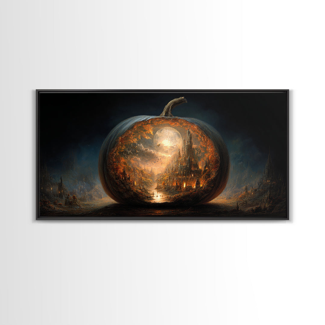 The Moon Inside A Pumpkin, Apocalyptic Romantic Art, Wide Panoramic Art, Gothic Horror Wall Art, Framed Canvas Print, Halloween Wall Art
