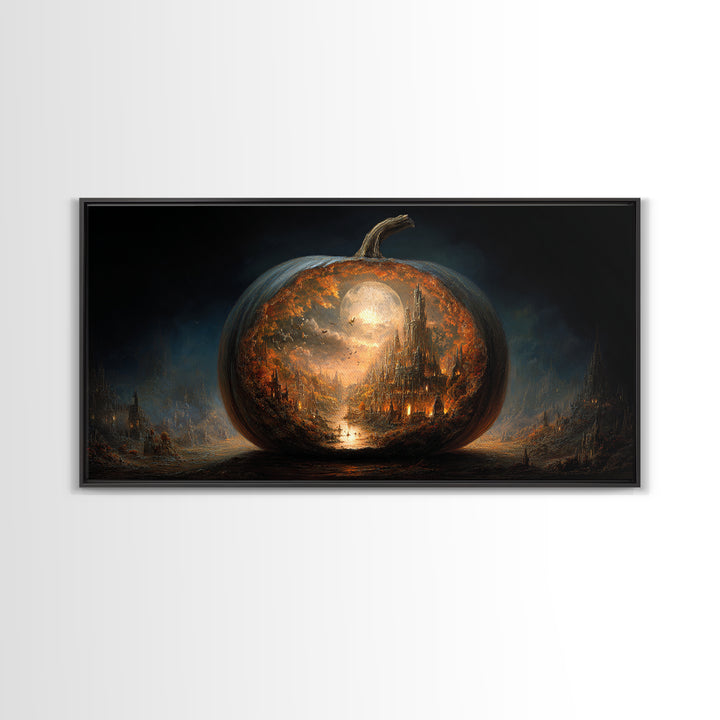 The Moon Inside A Pumpkin, Apocalyptic Romantic Art, Wide Panoramic Art, Gothic Horror Wall Art, Framed Canvas Print, Halloween Wall Art