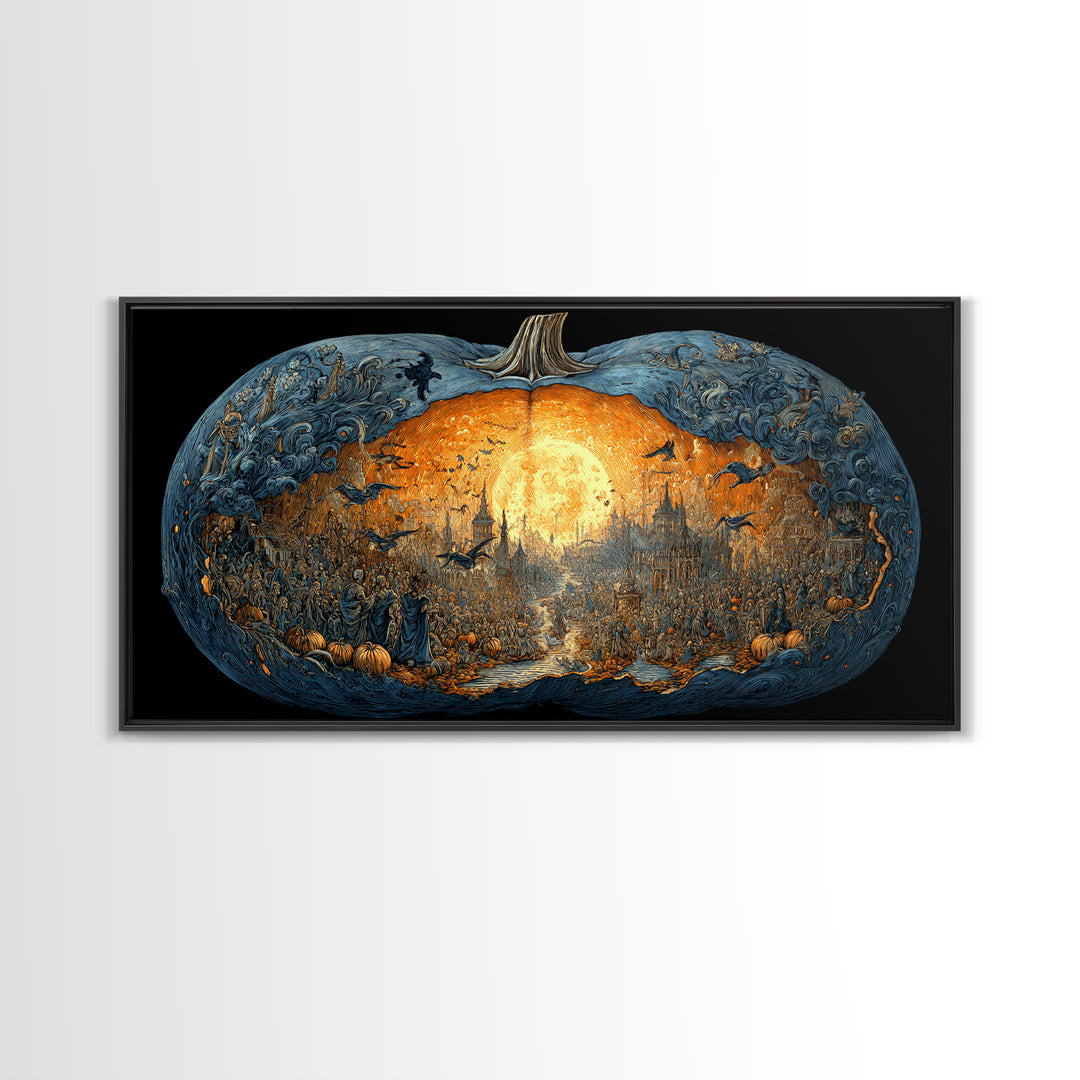 The Moon Inside A Pumpkin, Grotesque Carnival Art, Wide Panoramic Art, Dark Halloween Decor, Framed Canvas Print, Halloween Wall Art