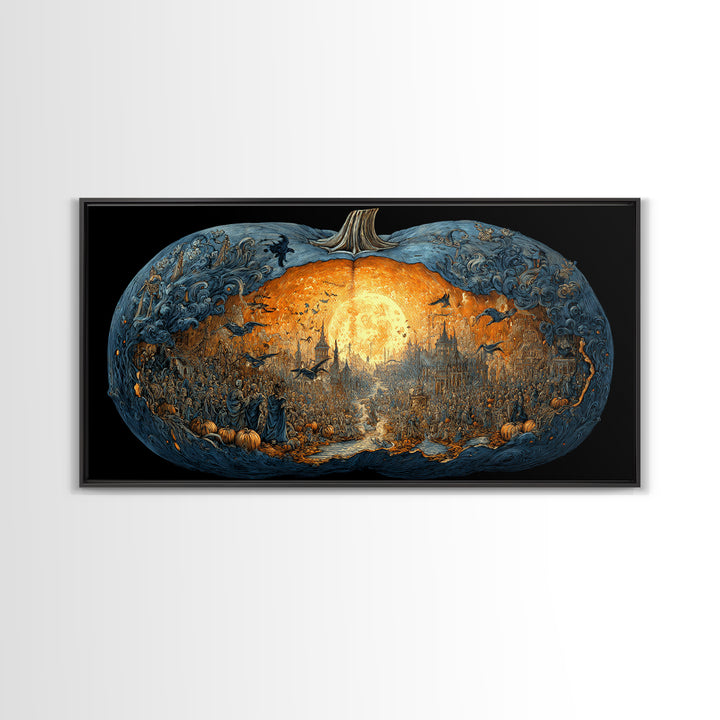The Moon Inside A Pumpkin, Grotesque Carnival Art, Wide Panoramic Art, Dark Halloween Decor, Framed Canvas Print, Halloween Wall Art