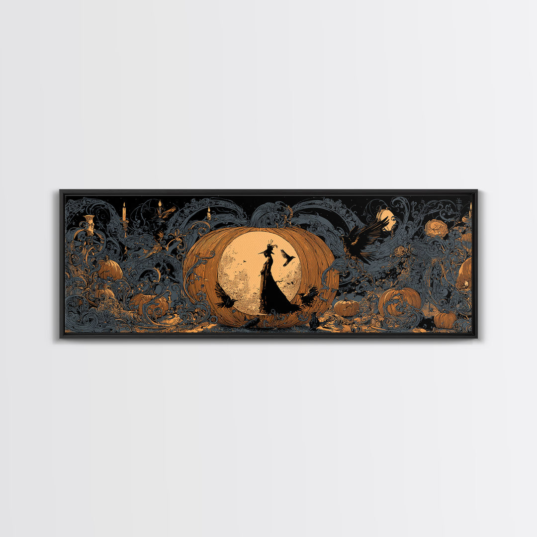 The Moon Inside A Pumpkin, Decadent Line Art, Extra Wide Wall Art, Gothic Horror Wall Art, Canvas Print, Halloween Wall Art