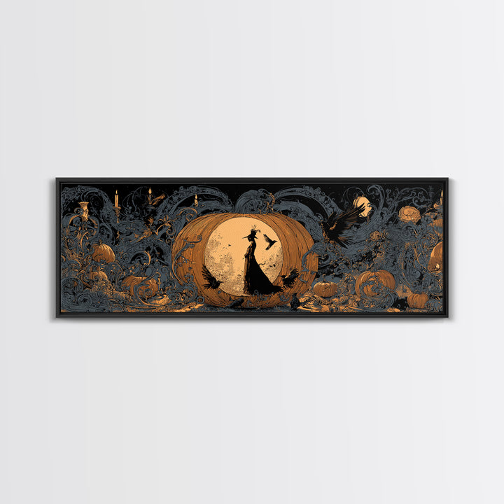 The Moon Inside A Pumpkin, Decadent Line Art, Extra Wide Wall Art, Gothic Horror Wall Art, Canvas Print, Halloween Wall Art