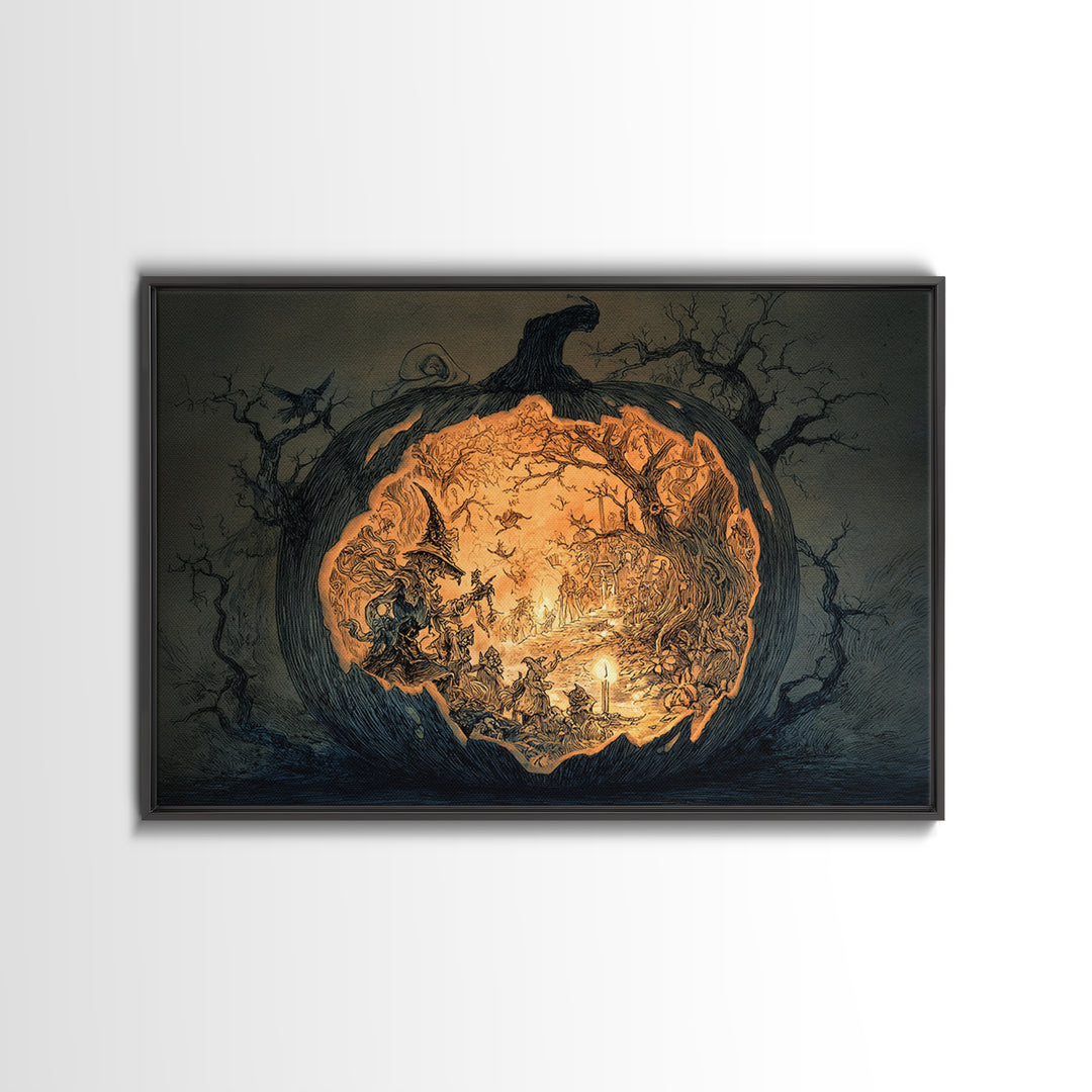 The Moon Inside A Pumpkin, Gothic Storybook Art, Landscape Wall Art, Dark Fantasy Wall Art, Framed Canvas Print, Halloween Wall Art