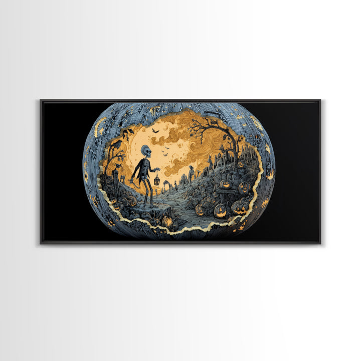 The Moon Inside A Pumpkin, Macabre Folk Print Art, Wide Panoramic Art, Macabre Wall Art, Framed Canvas Print, Halloween Wall Art