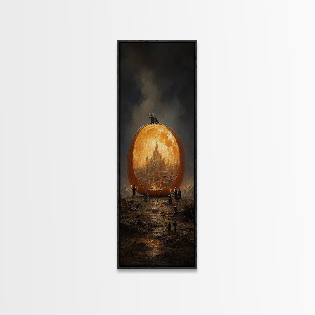 The Moon Inside A Pumpkin, Surreal Apocalyptic Art, Tall Narrow Wall Art, Dark Fantasy Wall Art, Framed Canvas Print