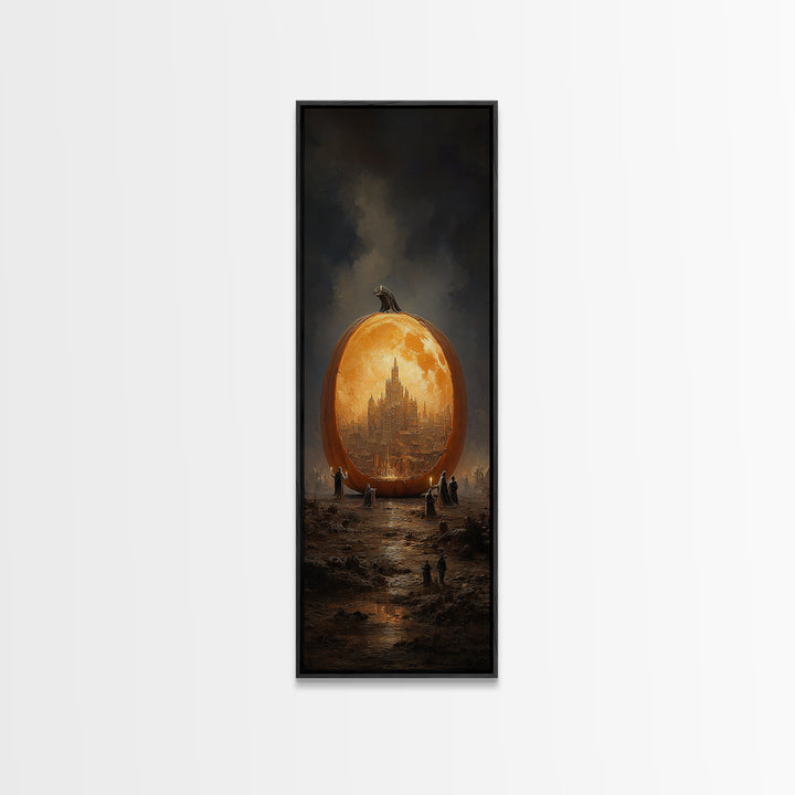 The Moon Inside A Pumpkin, Surreal Apocalyptic Art, Tall Narrow Wall Art, Dark Fantasy Wall Art, Framed Canvas Print