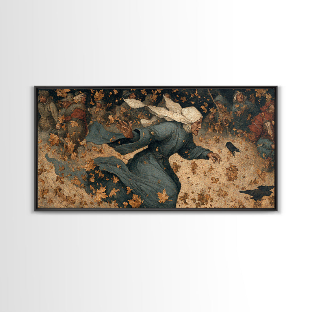 The Autumn-Leaf Ghost, Northern Renaissance Horror, Wide Panoramic Art, Dark Fantasy Wall Art, Framed Canvas Print