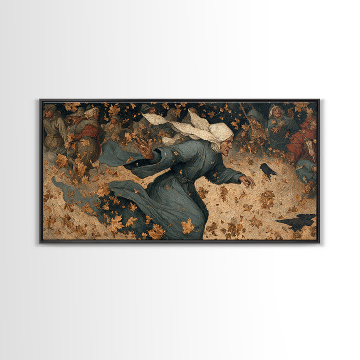 The Autumn-Leaf Ghost, Northern Renaissance Horror, Wide Panoramic Art, Dark Fantasy Wall Art, Framed Canvas Print