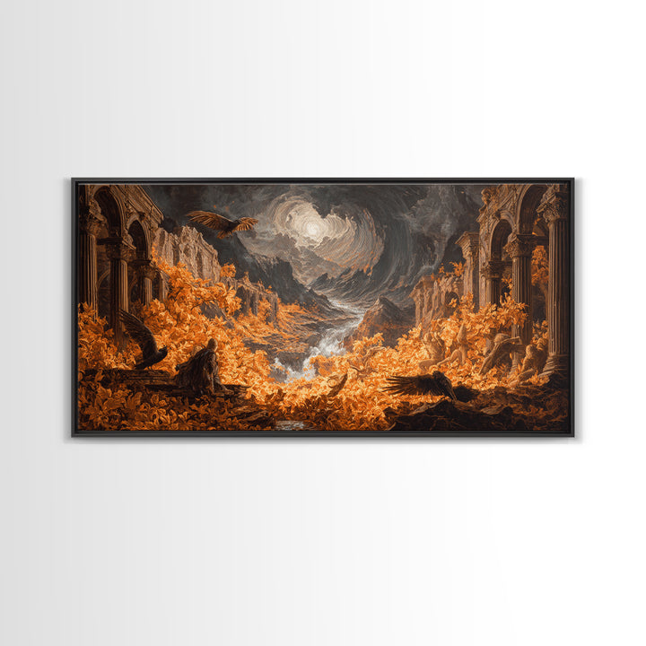 The Autumn-Leaf Ghost, Apocalyptic Romantic Art, Wide Panoramic Art, Macabre Wall Art, Framed Canvas Print, Halloween Wall Art