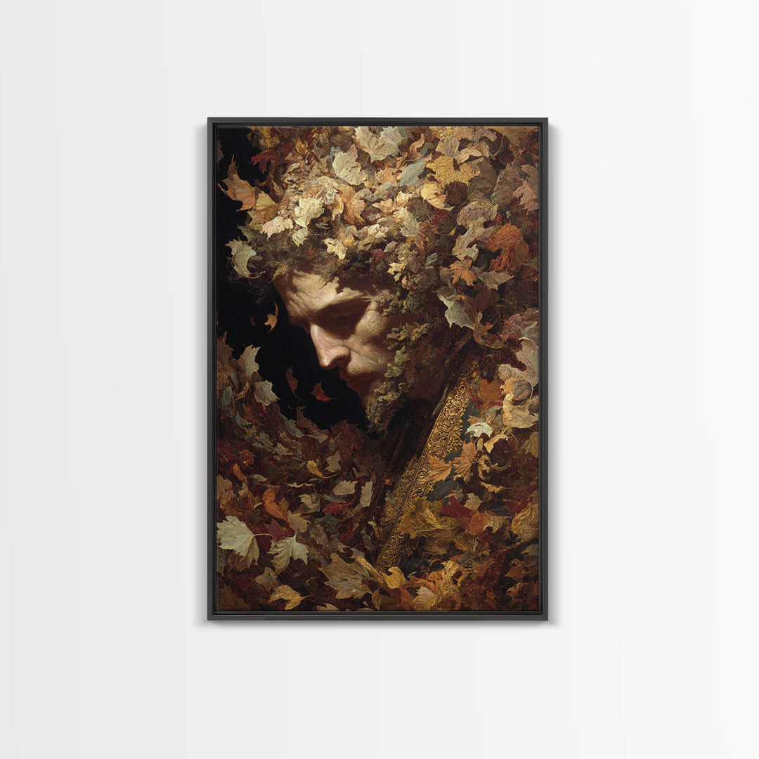 The Autumn-Leaf Ghost, Ornate Symbolist Art, Vertical Wall Art, Dark Halloween Decor, Framed Canvas Print, Halloween Wall Art
