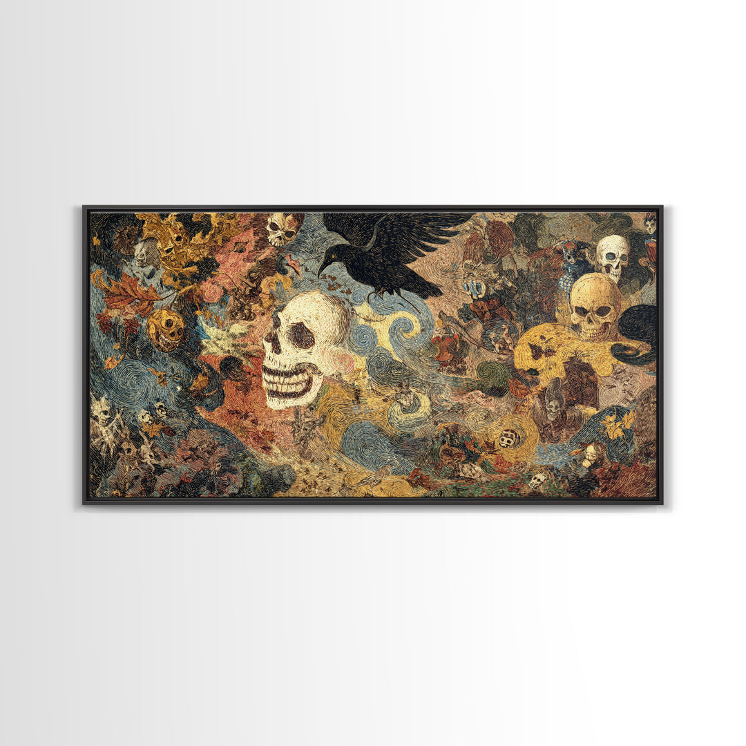 The Autumn-Leaf Ghost, Grotesque Carnival Art, Wide Panoramic Art, Gothic Horror Wall Art, Framed Canvas Print, Halloween Wall Art