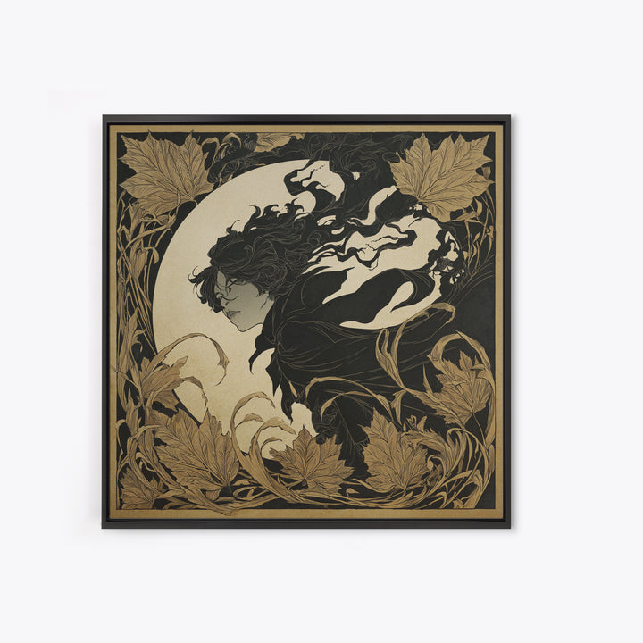 The Autumn-Leaf Ghost, Decadent Line Art, Square Wall Art, Dark Halloween Decor, Framed Canvas Print, Halloween Wall Art