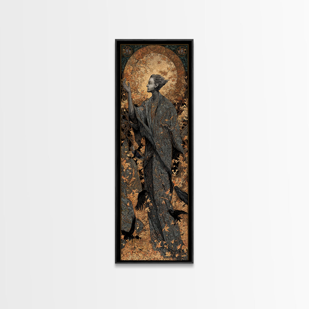 The Autumn-Leaf Ghost, Stained Glass Gothic Art, Tall Narrow Wall Art, Dark Fantasy Wall Art, Canvas Print, Halloween Wall Art