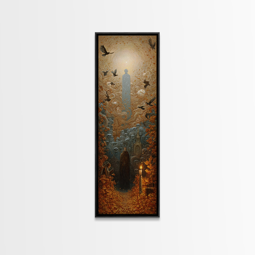 The Autumn-Leaf Ghost, Surreal Apocalyptic Art, Tall Narrow Wall Art, Dark Halloween Decor, Framed Canvas Print, Halloween Wall Art