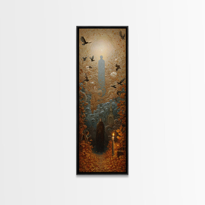 The Autumn-Leaf Ghost, Surreal Apocalyptic Art, Tall Narrow Wall Art, Dark Halloween Decor, Framed Canvas Print, Halloween Wall Art