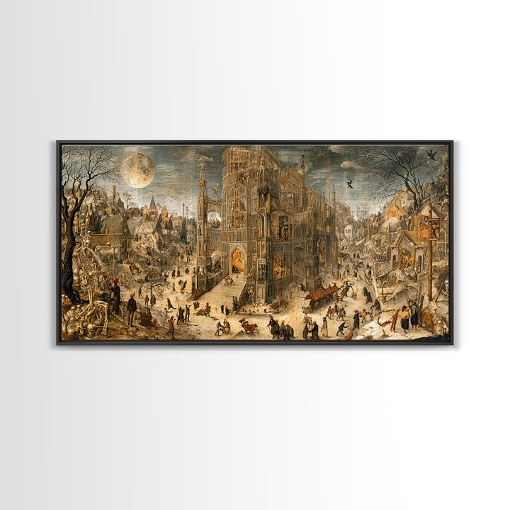 The Cathedral Of Bones, Northern Renaissance Horror, Wide Panoramic Art, Gothic Horror Wall Art, Framed Canvas Print