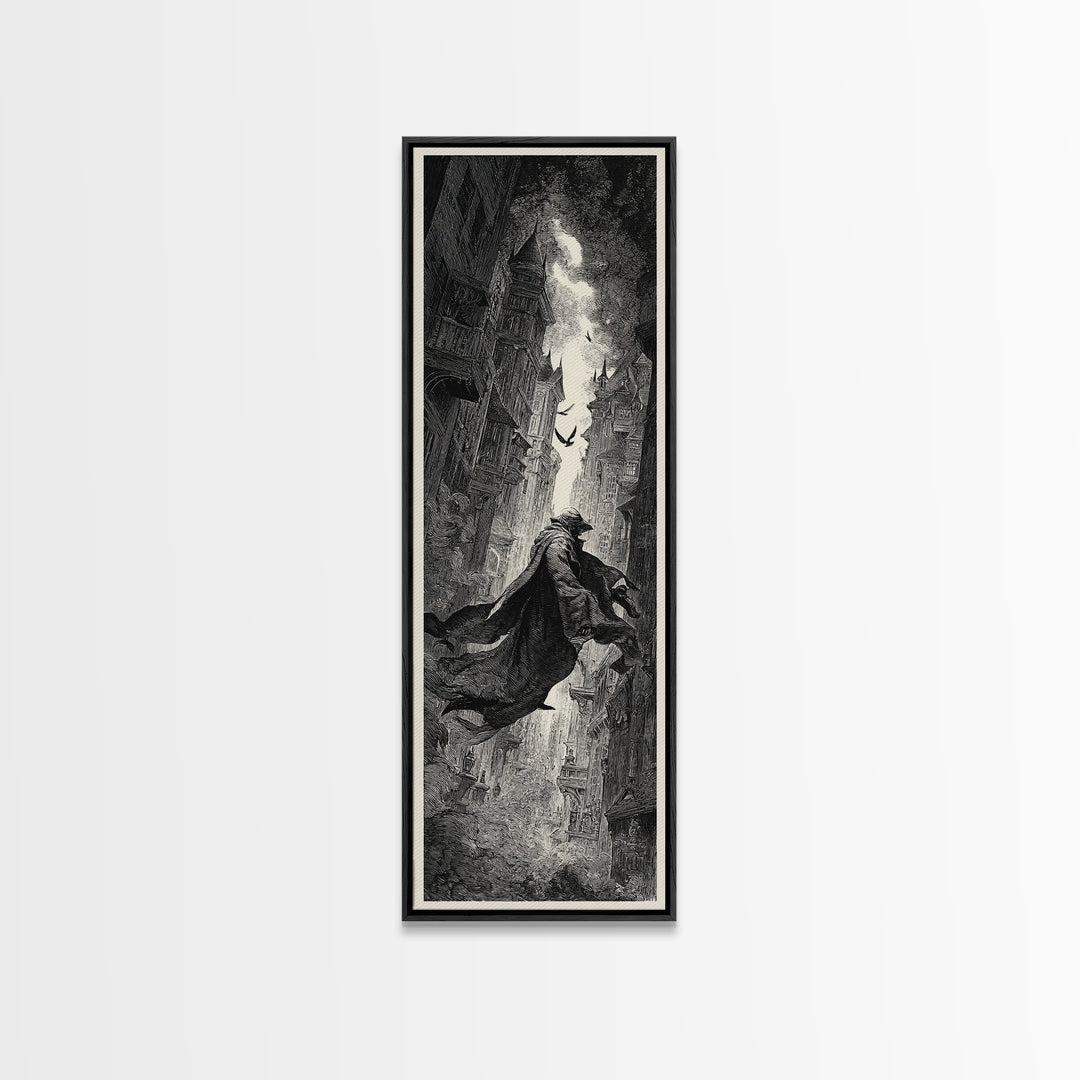 The Town Where Shadows Live, Gothic Engraving Art, Tall Narrow Wall Art, Dark Fantasy Wall Art, Canvas Print, Halloween Wall Art