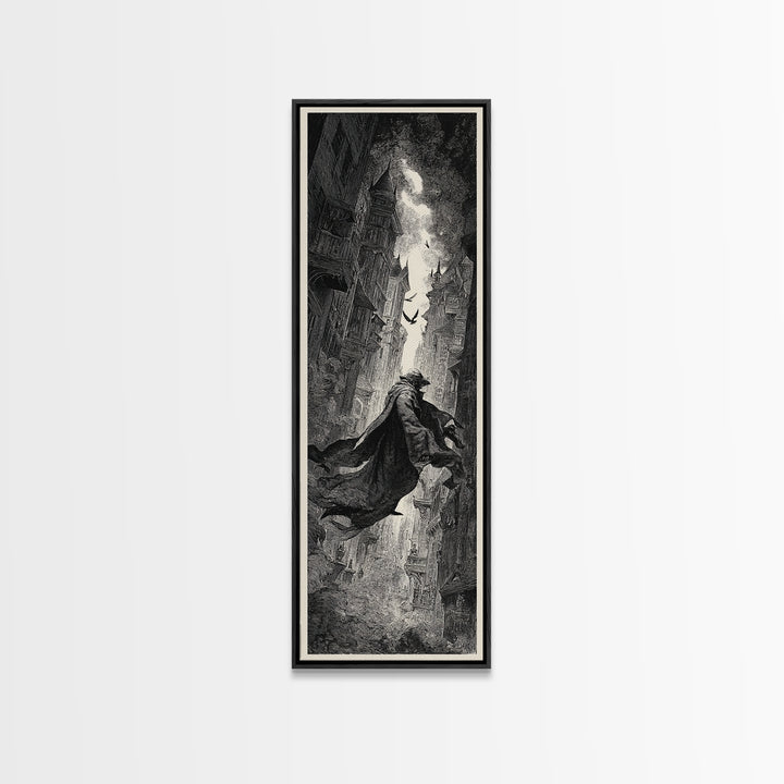 The Town Where Shadows Live, Gothic Engraving Art, Tall Narrow Wall Art, Dark Fantasy Wall Art, Canvas Print, Halloween Wall Art