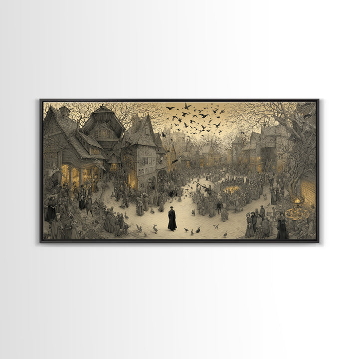 The Town Where Shadows Live, Northern Renaissance Horror, Wide Panoramic Art, Gothic Horror Wall Art, Framed Canvas Print