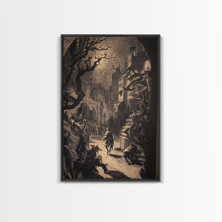 The Town Where Shadows Live, Renaissance Engraving Art, Vertical Wall Art, Dark Fantasy Wall Art, Canvas Print, Halloween Wall Art