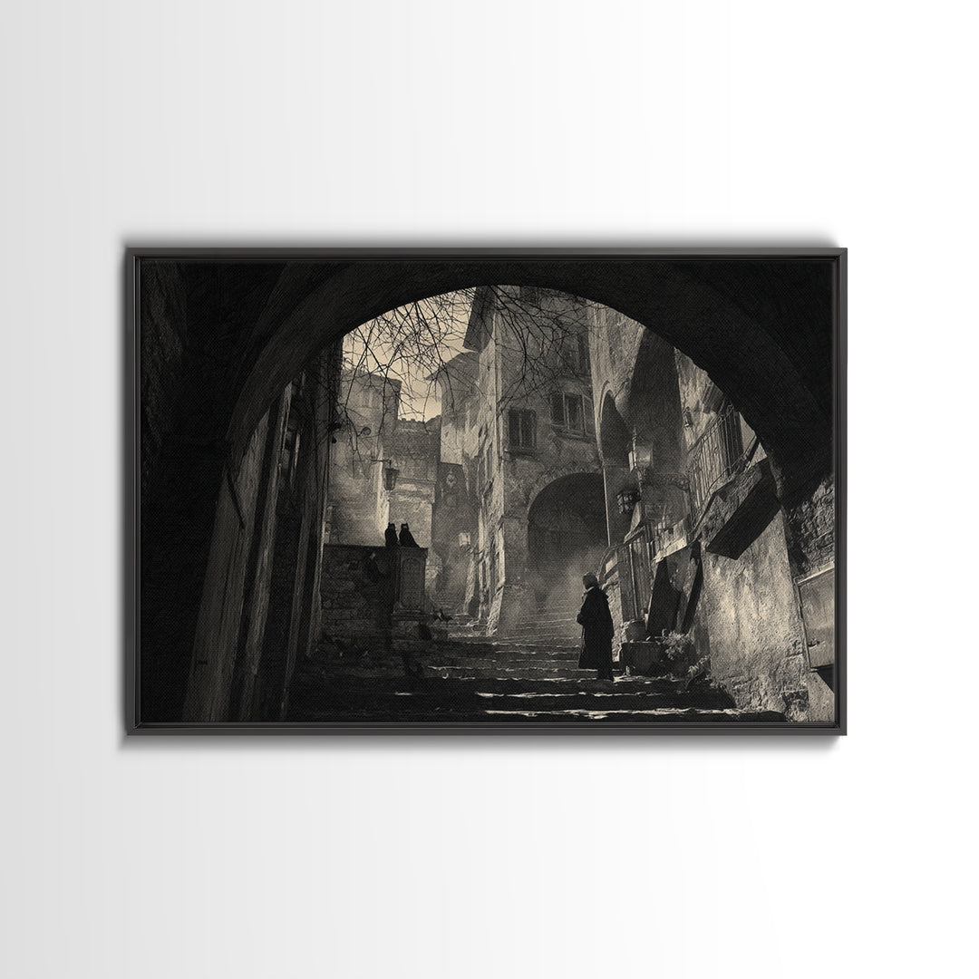 The Town Where Shadows Live, Architectural Etching Art, Landscape Wall Art, Dark Halloween Decor, Canvas Print