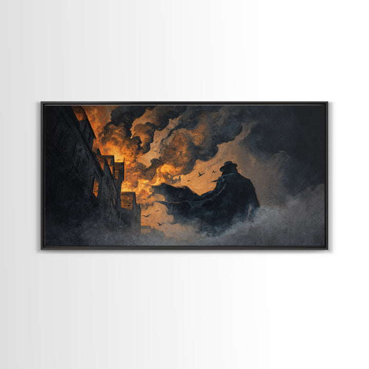 The Town Where Shadows Live, Apocalyptic Romantic Art, Wide Panoramic Art, Macabre Wall Art, Framed Canvas Print, Halloween Wall Art